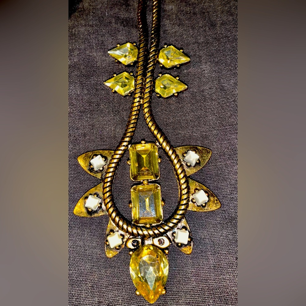 J CREW Vintage Citrine Gems Brass Necklace.